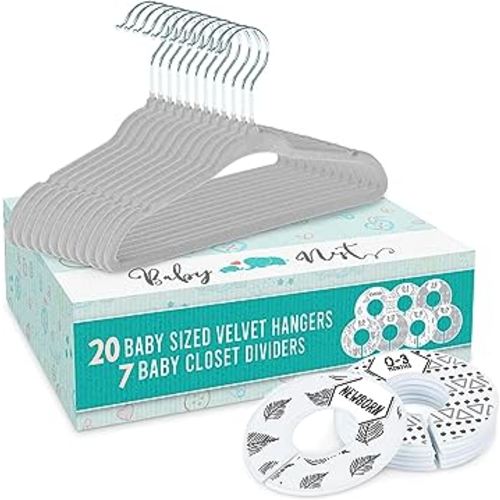 Baby Nest Designs 20x Baby Hangers for Closet with 7X Baby Closet Dividers for Nursery Velvet Baby Clothes Hangers Unisex Newborn Essentials Baby Size Organizer for Infant Clothing to 24 Months