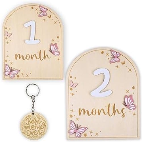 Monthly Baby Milestone Wooden Circle - Baby Monthly Milestone Sign - Months Baby Milestone Signs Cards - Newborn Gift for Girl and Boy - 1-12 Months (Butterfly)
