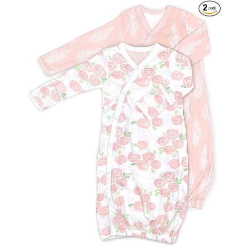 Cambria Baby 100% Organic Kimono Gowns. Side Snaps with Built in Mitts. (0-6 Months, Roses and Feathers)