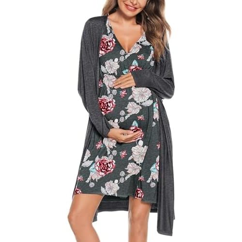 SWOMOG Women Maternity Nursing Gown and Robe Set 3 in 1 Labor Delivery Nursing Nightgown for Breastfeeding Hospital Bathrobe