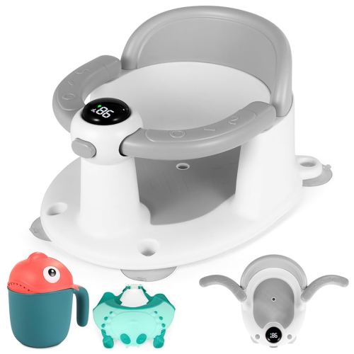 Baby Bath Seat for Babies 6 Months & Up, Bath Seats for Babies Sitting Up, Infant & Toddler Bath Seat with Thermometer for Baby Bathtub Shower, Non-Slip, Safe & Comfortable Baby Bath Support, Grey