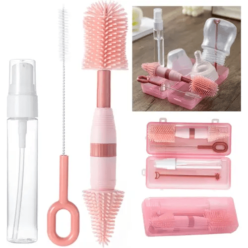 Travel Bottle Cleaner Kit, Anivona 5 in 1 Baby Bottle Cleaner Kit with Extendable Silicone Brush, Nipple Brush, Straw Brush, Soap Dispenser, Drying Rack, Ideal Gifts for Baby Travel Essential (Pink)