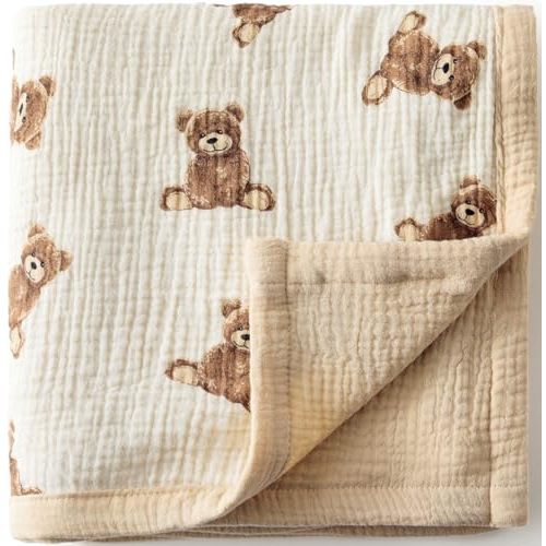 Little Jump 2 Layers Muslin Cotton Baby Blankets - Teddy Bear Toddler Quilt Crib Blanket - Gender Neutral Crib Blanket for Baby Boys and Girls 47"x 47" (Teddy Bears)