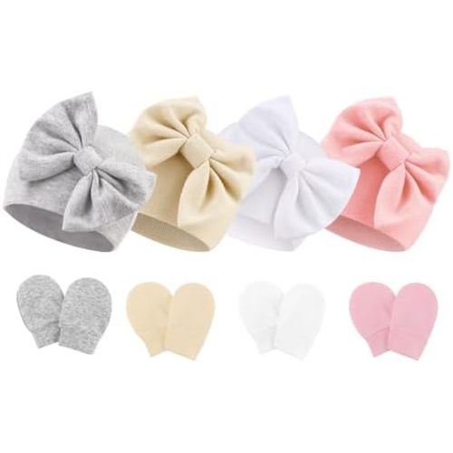 Newborn Baby Hats and Mittens Set Infant Bow Beanie Cap Toddler Gloves Newborn Hospital Hats for Baby Boy Girl 0-6 Months
