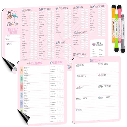 Baby First Food Tracker, Magnetic Meal Planner, Fridge Grocery Shopping List Chart (3 in 1) - Dry, Erase Menu Planners, Strong Stickiness on Refrigerator - 11.8"x8.2", Pink - Baby Led Weaning Supplies