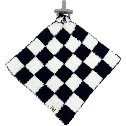 Checkered Baby Lovey Pacifier Holder 10"x10" - Cuddly Soft Knitted Soothie Reversible Mini Comfort Security Blanket - Snuggle Newborn Gift Essential for Babies Boys and Girls (Black/White)