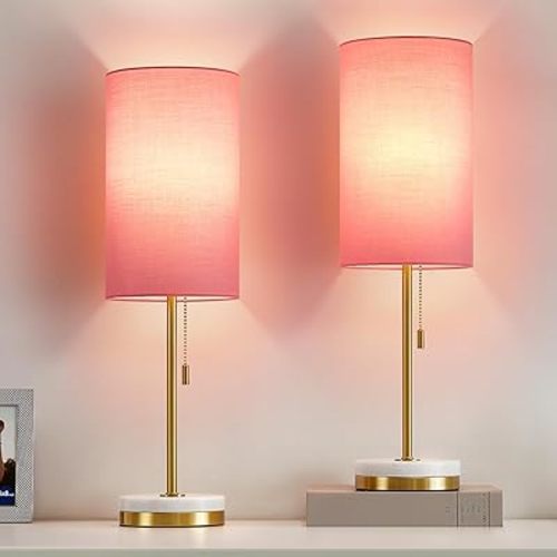 Luvkczc Minimalist Table Lamp Set of 2, Nightstand Lamp for Bedroom Living Room, Modern Pull Chain Bedside Lamp with Marble Base, Fabric Shade, Small Desk Lamp for Home, Office, Reading,Pink