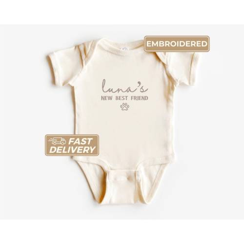 New Best Friend Baby Bodysuit, Dog Paw Protected By, Embroidered Newborn Baby Shower Personalized Gift, Custom Infant Clothing with Pet