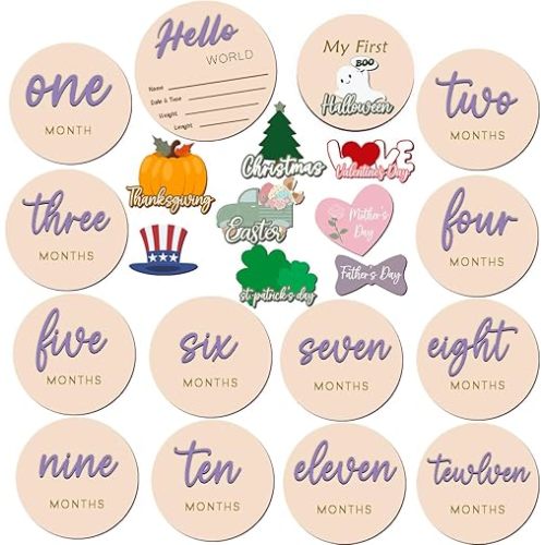 Monthly Baby Milestone Maker Discs, Baby Milestone Signs for Newborn Baby, Hello World Newborn Sign for Girl & Boy, Baby Announcement Sign for 1-12 Month, Milestone Wooden Circles (Purple)