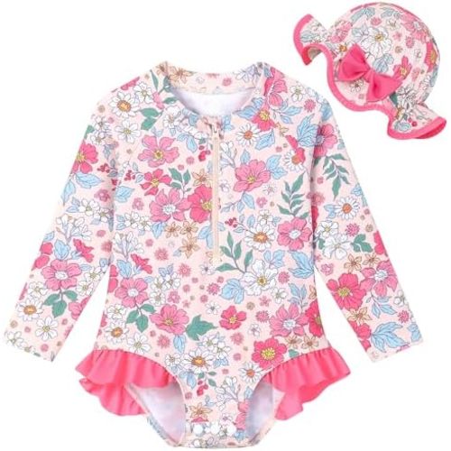 Infant Baby Girl Swimsuit Long Sleeve Rash Guard One Piece Swimwear with Hat Ruffle Bathing Suit with Zipper