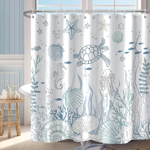 Blue Ocean Shower Curtain Beachy Turtle Seashe Shower Curtain for Bathroom Nautical Coastal Printing Waterproof Fabric Bathroom Decor 72x72inch