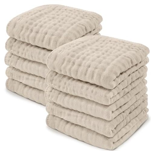 Comfy Cubs Muslin Baby Washcloths 10 Pack - Soft 6-Layer Cotton Wash Cloths for Sensitive Skin - 10"x10" Large, Gentle, Absorbent Infant Essentials for Newborn and Toddlers - (Sand)
