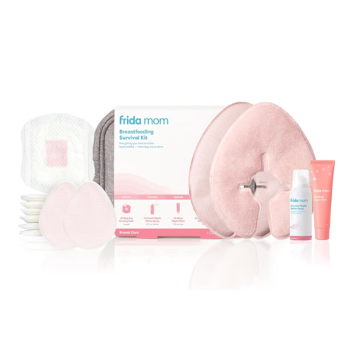 Frida Mom Breastfeeding Survival Kit for Nursing Moms, Reusable Hot+Cold Breast Relief Packs, Hydrogel Nipple Pads, Cracked Nipple Saline Spray, Nipple Balm, Nursing Pads, 13 Piece Gift Set