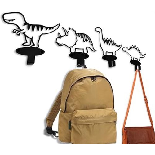 4 Piece Set Cartoon Dinosaur Silhouette Shape Coat Hooks Wall Mounted Matte Black Metal Wall Hanger Hooks for Coat Hat Garments Leashes Modern Minimalist Design Dinosaur Room Decor for Boys Girls Kids