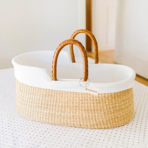 Signature Bilia Bassinet: Natural - Natural w/ Tan Leather Handles & Foam Pad