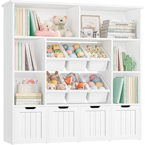 FINETONES Toy Storage Organizer with 6 Toy Bins, Toy Organizer Kids Bookshelf with 4 Movable Drawers and 6 Storage Cubbies, Toy Bins for Kids Organizer Playroom Storage for Living Room, White