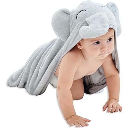 HIPHOP PANDA Hooded Baby Towel - Rayon Made from Bamboo, Soft Hooded Bath Towel for Babie, Toddler,Infant, for Boy and Girl - (Grey Elephant, 30 x 30 Inch)