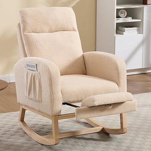 Nursery Rocking Chair, Teddy Fleece Upholstered Glider Rocker with Adjustable Footrest, High Back Rocker with Side Pockets, Rocking Recliner for Living Room Bedroom Office (Cream)