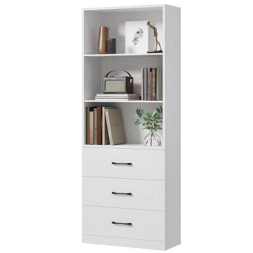 IRONCK 71" Tall Bookcases with 3 Large Drawers & 3 Open Shelves, Wooden Storage Bookshelf for Home Office Living Room, White