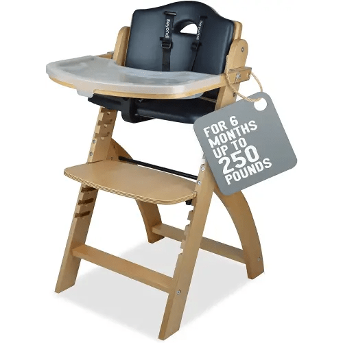 Abiie Beyond Junior Wooden High Chair with Tray. The Perfect Adjustable Baby Highchair Solution for Your Babies and Toddlers or as a Dining Chair. 6 Months up to 250 Lb. Natural Wood/Black Cushion