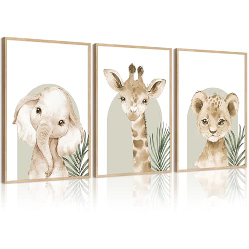 Tocliky Nursery Animal Wall Art Decor Safari Jungle Nursery Pictures Baby Boy Room Canvas Wall Decor Woodland Animals Prints Safari Giraffe Artwork for Boys Kids Bedroom 12x16 Inch Unframed Set of 3