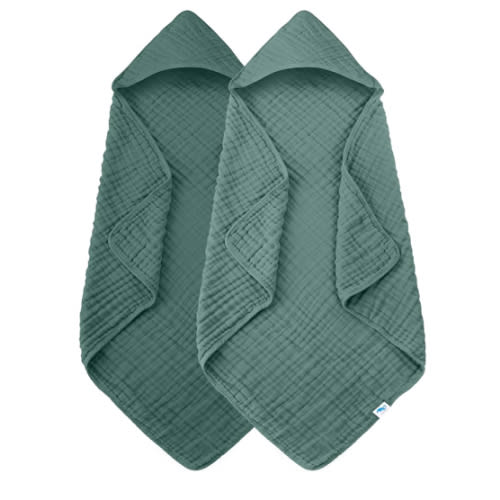 SWEET DOLPHIN Muslin Hooded Baby Bath Towels - 2 Pack 100% Cotton Towel for Babies, Infants, Toddlers - 32x32Inch - Highly Absorbent and Newborn Essential, Deep Emerald
