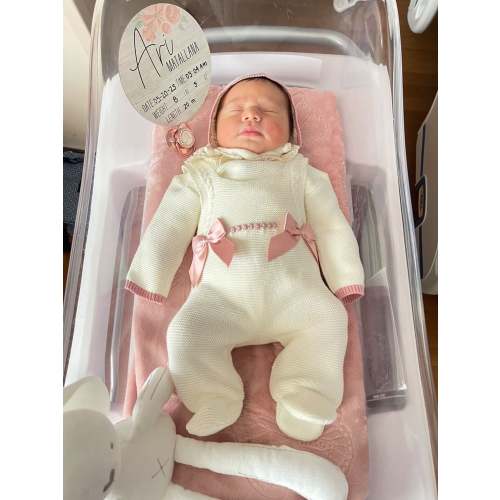 Double Bow Cable Knit Suspenders Style With Ruffle Collar Baby Knitted Romper in Ivory and Old Pink - Size: Newborn