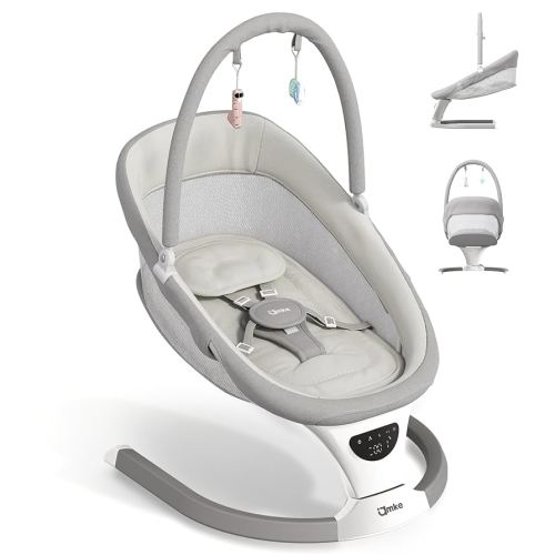AMKE Baby Swing for Infants with Spacious & Breathable Mesh Seat - 5-Point Harness, Portable Swing Rocker, 5 Sway Speeds & 3 Timer, 12 Lullabies for Newborn 0-9 Months Max 20 Lbs