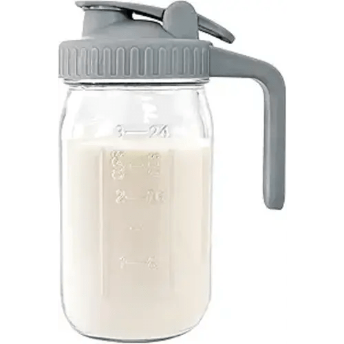 JunVpic Breast Milk Pitcher - 32 oz Glass Mason Jar with Dual Leak-Proof Design, Airtight Seal, Pour Spout & Handle, Storage Container for Breastmilk, Iced Tea & Ice Drinks(Gray)