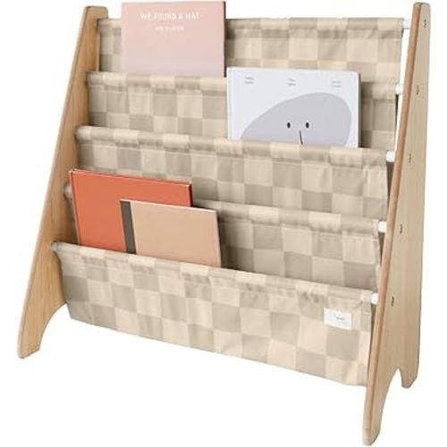3 Sprouts Recycled Fabric Kids Bookshelf – 4-Tier Sling Book Rack Organizer - Nursery Room Playroom Classroom Wooden Book Shelves - Kid Bookcase Wood Storage Shelf for Toddler Age 3+ - Checkered Beige