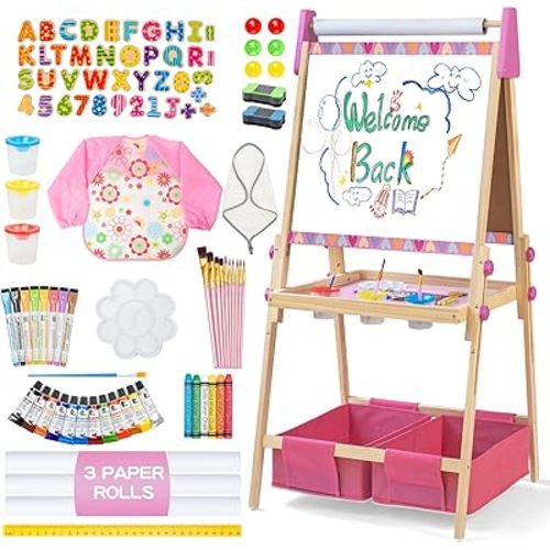 3-in-1 Adjustable Kids Art Easel with Magnetic Whiteboard, Chalkboard & 3 Paper Rolls, All-in-One Double Sided Wooden Painting Easel with Accessories for Toddlers and Kids Ages 3+