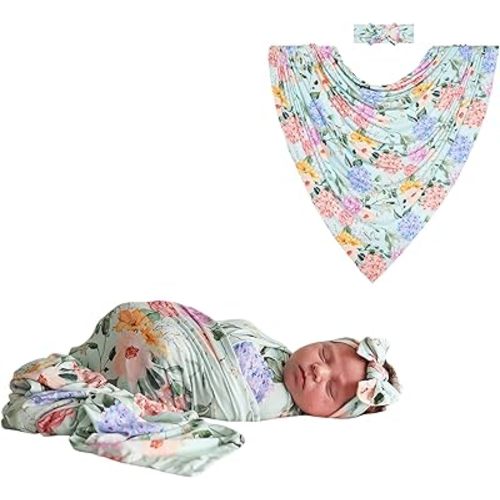 Posh Peanut Swaddle Blanket & Headband Set – Viscose from Bamboo Stretchy Baby Swaddle for Newborn Girls, Receiving Blanket or Nursing Cover (Erin)