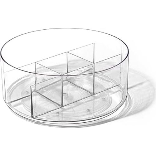 BINO Plastic Round Turntable Organizer with 5 Compartments - Clear | Spinning Divided Turntable Container | Rotating Organizer Storage for Bottle Condiments Fridge Kitchen Counter Pantry Bathroom
