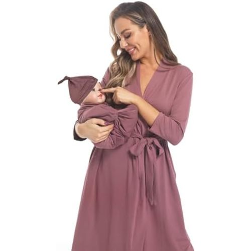 Maternity Robe with Matching Swaddle Set Girls Boys, Mommy Me Robe Set Soft Elastic Women Robes