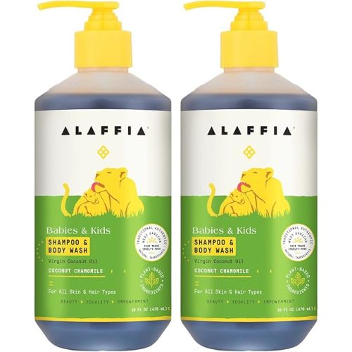 Alaffia Babies and Kids Shampoo and Body Wash, Gentle and Calming Support for Soft Hair and Skin with Yarrow and Chamomile, Coconut Chamomile, 2 Pack - 16 Fl Oz Ea