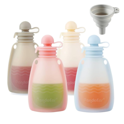 PandaEar Reusable Silicone Baby Food Pouches, 4 Pack Squeeze Pouches for Toddler Kids, BPA-Free Silicone Refillable Baby Food Storage, 5.5 oz