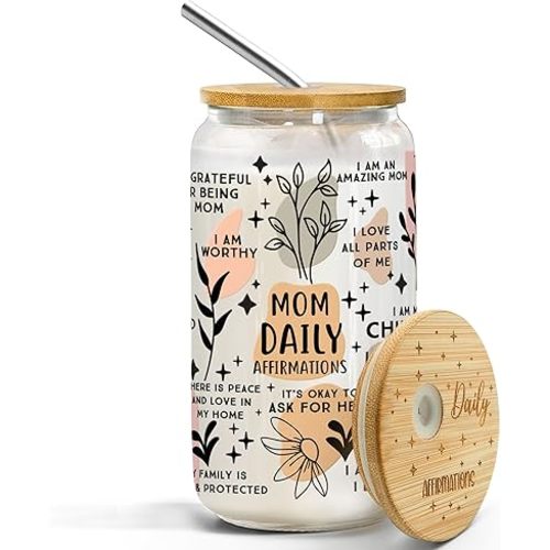 Christmas Gift For Mom - Mom Daily Affirmations For Mothers Day From Daughter, Son - Birthday Gifts For Women, Mama, Step Mom, Her, Wife, Bonus Mom, New Mom - 16oz Glass with Engraved Lid