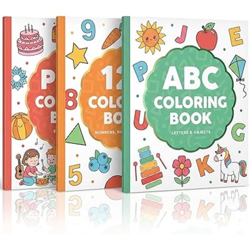 Fun Coloring Book for Kids - Set of 3 Cute Toddler Coloring Books with Big Simple Designs - Educational Activity Water Color Book with Themes for Alphabet, Numbers, Colors & Shapes for Boys and Girls