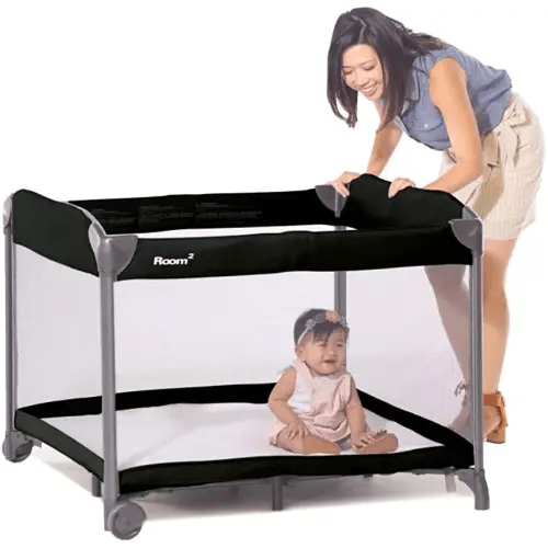 Joovy Room² Large Portable Playpen for Babies and Toddlers with Nearly 10 sq ft of Space, Large Mesh Windows for 360 View, and Waterproof Mattress Sheet - Folds Easily when Not in Use (Black)