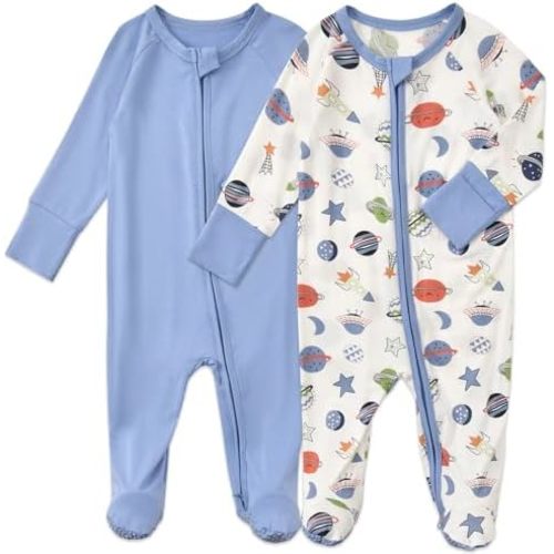 Baby Footed Pajamas with Mittens Rayon from Bamboo 2pcs Newborn Infant 2-way Zipper Pjs Cute Sleeper Outfit