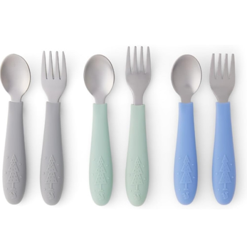 Elk and Friends Kids Silverware with Silicone Handle | Childrens Safe Flatware | Toddler Utensils | Baby Spoons + Forks | Stainless Steel Cutlery