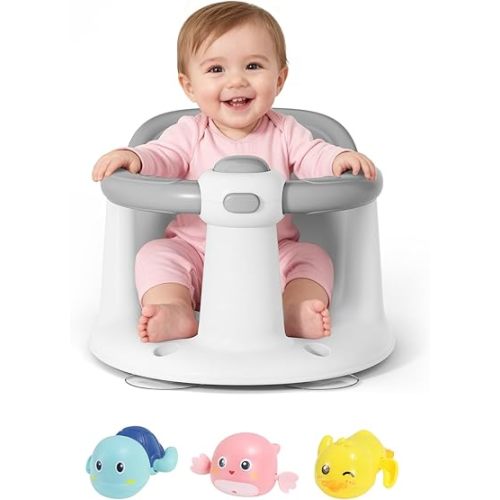 Baby Bath Seat for Babies 6 Months & Up - Bathtub Seats for Babies with 3 Baby Bath Toys, Non-Slip, Comfortable, Infant Bath Essentials-Grey