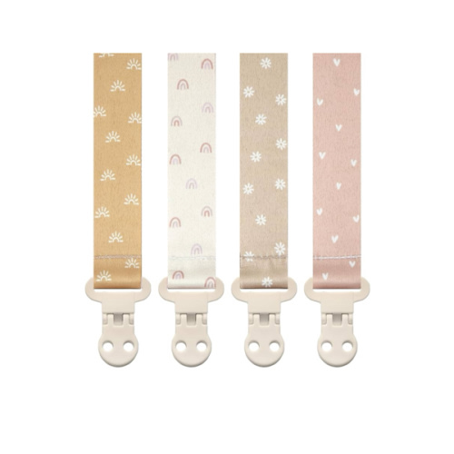 Baby Pacifier Clip Holder - Girl 4 Pack Gift Set - Boho Rainbow Suns Hearts Daisies Design (Belle)
