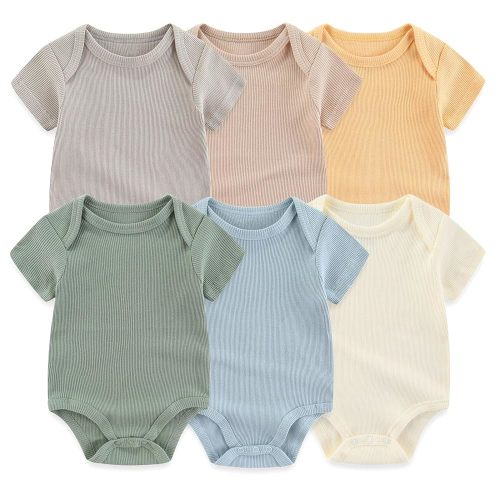 Baby Bodysuit 6 Pack Soft Mixed Ribbed Short Sleeve Romper Infant Boy Girl Clothes Set