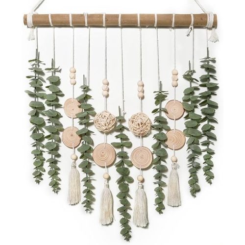 Boho Bathroom Decor Artificial Eucalyptus Hanging Wall Decor Fake Greenery Leaves Plants Wicker Ball on 16.5 inch Stick Rustic Farmhouse Natural Bedroom Kitchen Nursery Office Decorations