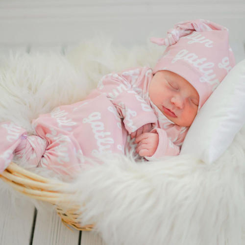 Solid Baby Pink Personalized Newborn Baby Knot Gown & Headband