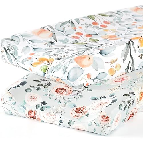 GRSSDER Stretch Ultra Soft Jersey Knit Changing Pad Cover Set 2 Pack, Change Table Pad Covers Fit 32"/34" x 16" Pads Safe and Snug, Stylish Watercolor Flowers and Fruits for Girls