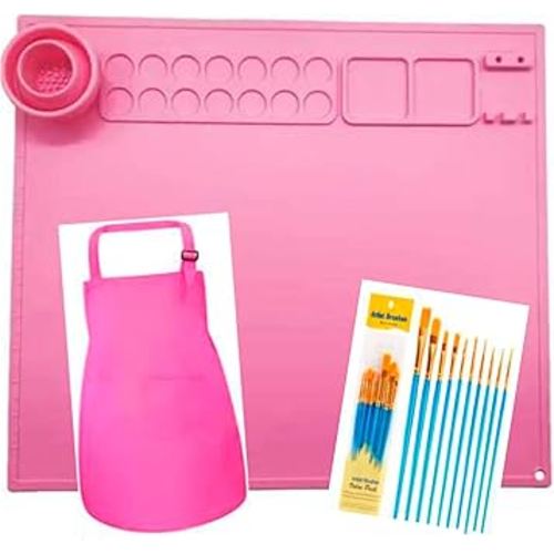 Kids multifunctional silicone painting station Mat with cup: painting Apron and Brush, Art, Craft, and Large Heat-Resistant Surface - Perfect for school activities and home use (Pink)