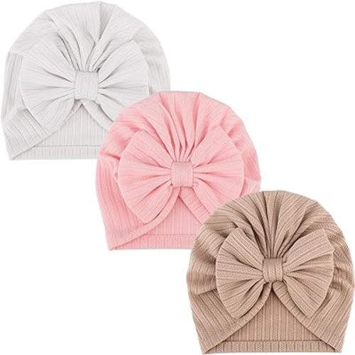 3 Pcs Newborn Baby Turban Hats Big Bow Baby Girl Hats Infant Beanie Warm Toddler Cap for Baby Girls Kids 3-12 Month