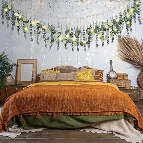 Juexica Fall Artificial Eucalyptus Wall Hanging Boho Decor with LED Light Bedroom Wall Farmhouse Nursery Decor with LED String Lights for Fall Home Office Bathroom Kitchen(Green)